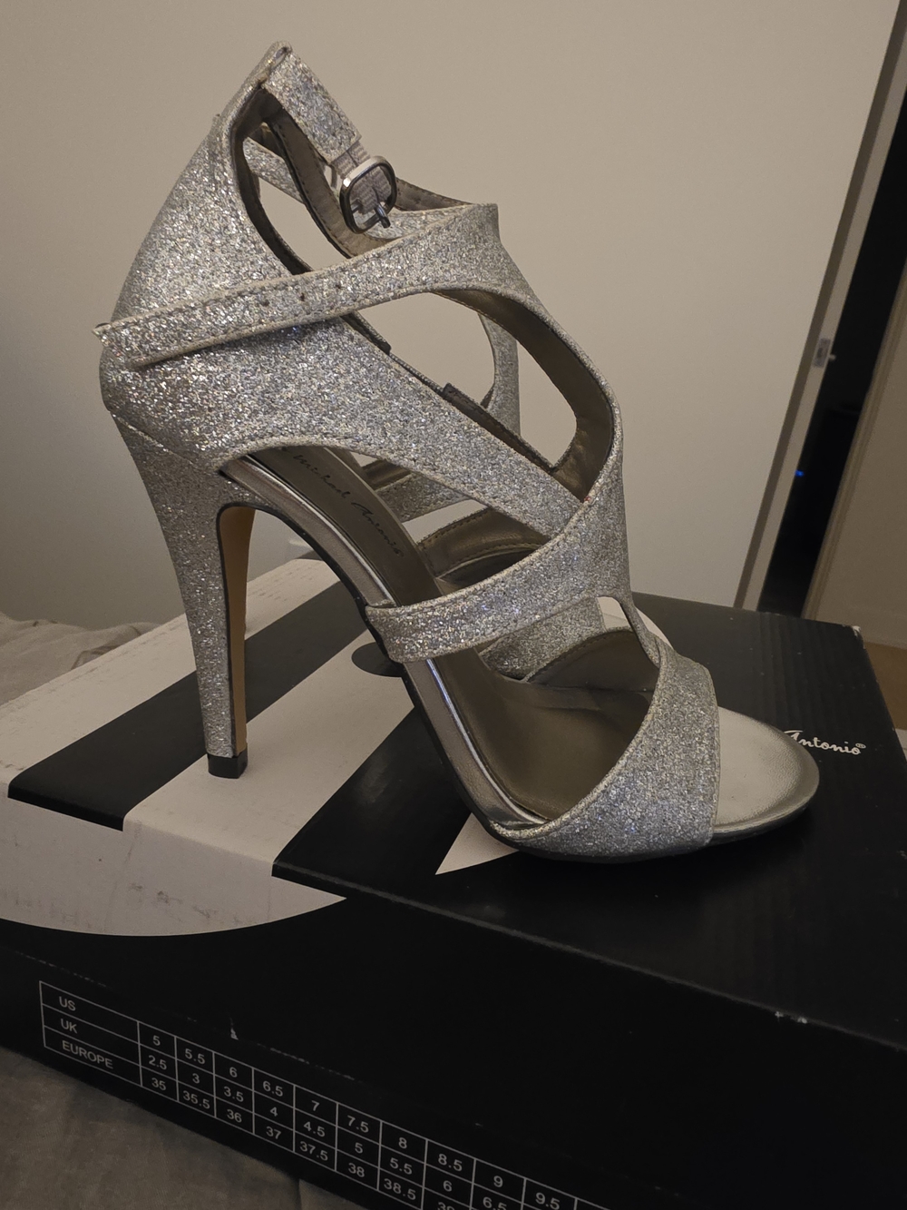 Michael Antonio Silver Glitter Strappy High Heels